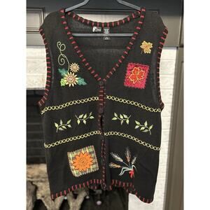 Holiday Editions Women’s XL Sweater Vest Black Autumn Fall Applique Buttons